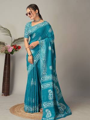 rama Pure soft cotton hand block batik print saree with blouse piece 1