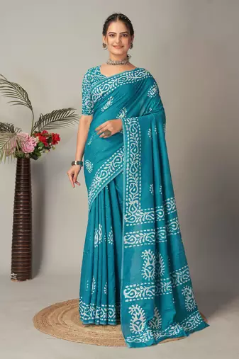 rama Pure soft cotton hand block batik print saree with blouse piece