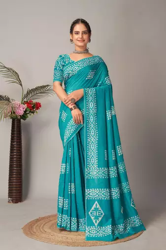 rama Pure soft cotton hand block batik print saree with blouse piece