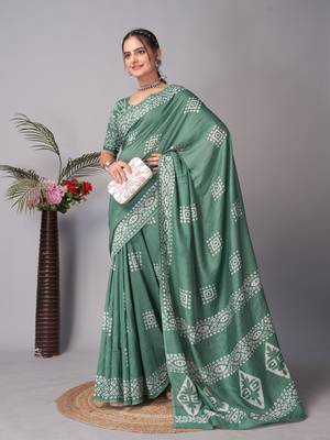 green Pure soft cotton hand block batik print saree with blouse piece 1