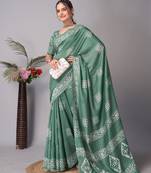 green Pure soft cotton hand block batik print saree with blouse piece