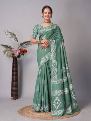 green Pure soft cotton hand block batik print saree with blouse piece 4