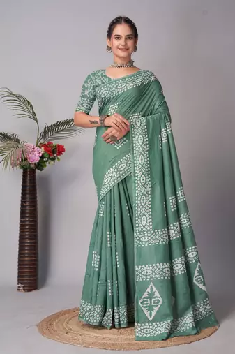 green Pure soft cotton hand block batik print saree with blouse piece