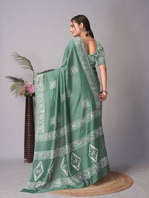 green Pure soft cotton hand block batik print saree with blouse piece 5