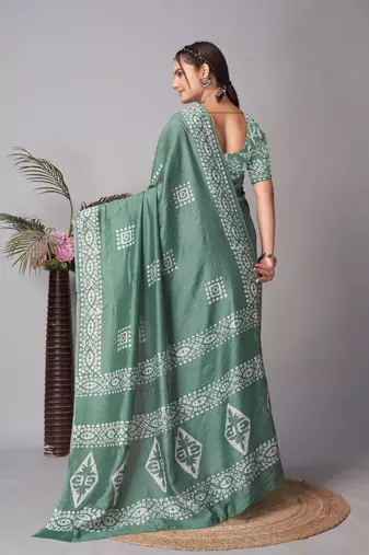 green Pure soft cotton hand block batik print saree with blouse piece