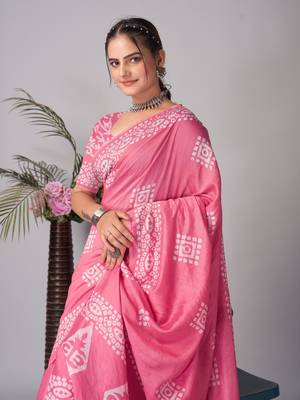Pink Pure soft cotton hand block batik print saree with blouse piece 1