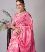 Pink Pure soft cotton hand block batik print saree with blouse piece