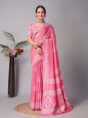 Pink Pure soft cotton hand block batik print saree with blouse piece 4