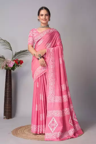 Pink Pure soft cotton hand block batik print saree with blouse piece