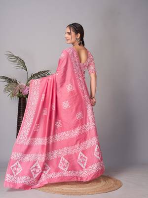 Pink Pure soft cotton hand block batik print saree with blouse piece 5