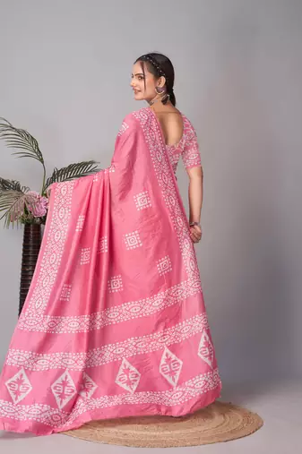 Pink Pure soft cotton hand block batik print saree with blouse piece