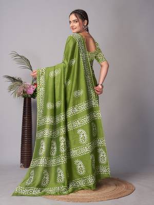 green Pure soft cotton hand block batik print saree with blouse piece 5