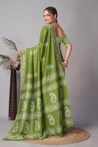 green Pure soft cotton hand block batik print saree with blouse piece