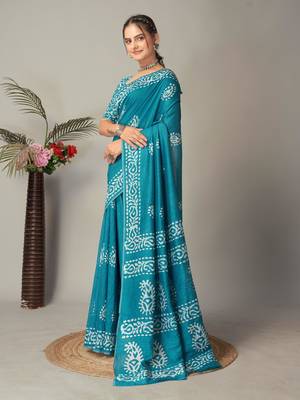 rama Pure soft cotton hand block batik print saree with blouse piece 5