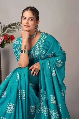 rama Pure soft cotton hand block batik print saree with blouse piece