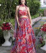 Floral Digital Print Red Embroadery Lace work Georgette Flaired Lehenga choli With Unstitch Blouse