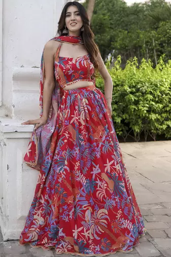 Floral Digital Print Red Embroadery Lace work Georgette Flaired Lehenga choli With Unstitch Blouse