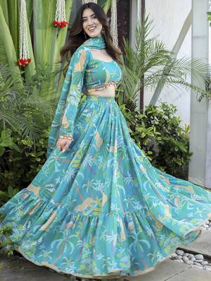 Floral Digital Print Firoji Embroadery Lace work Georgette Flaired Lehenga choli With Unstitch Blouse 1