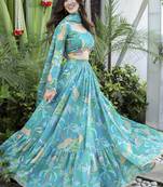 Floral Digital Print Firoji Embroadery Lace work Georgette Flaired Lehenga choli With Unstitch Blouse
