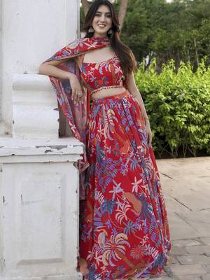 Floral Digital Print Red Embroadery Lace work Georgette Flaired Lehenga choli With Unstitch Blouse 3