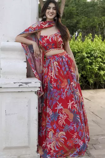 Floral Digital Print Red Embroadery Lace work Georgette Flaired Lehenga choli With Unstitch Blouse