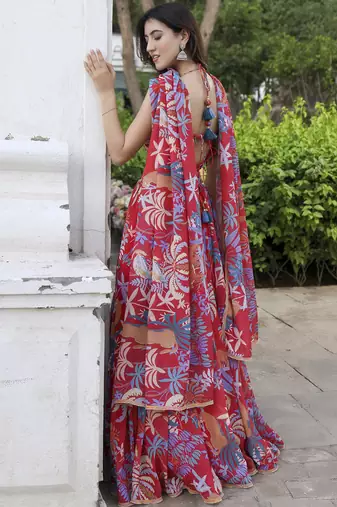 Floral Digital Print Red Embroadery Lace work Georgette Flaired Lehenga choli With Unstitch Blouse