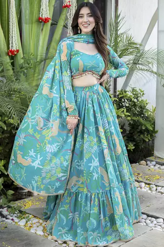 Floral Digital Print Firoji Embroadery Lace work Georgette Flaired Lehenga choli With Unstitch Blouse