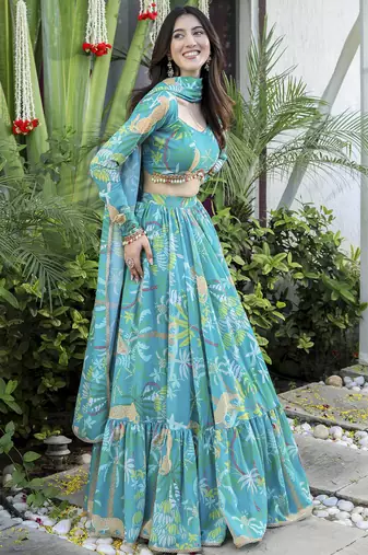Floral Digital Print Firoji Embroadery Lace work Georgette Flaired Lehenga choli With Unstitch Blouse