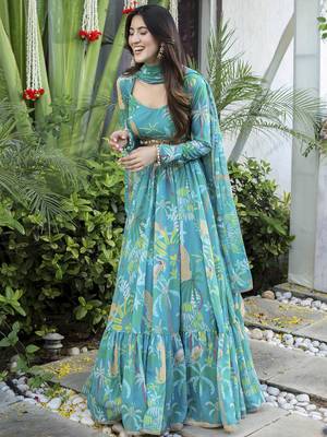 Floral Digital Print Firoji Embroadery Lace work Georgette Flaired Lehenga choli With Unstitch Blouse 4