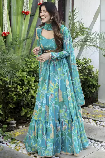 Floral Digital Print Firoji Embroadery Lace work Georgette Flaired Lehenga choli With Unstitch Blouse