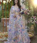 Floral Digital Print Baby Pink Embroadery Lace work Georgette Flaired Lehenga choli With Unstitch Blouse