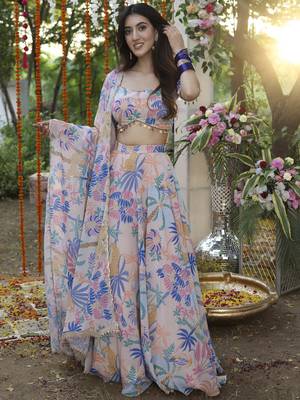 Floral Digital Print Baby Pink Embroadery Lace work Georgette Flaired Lehenga choli With Unstitch Blouse 2