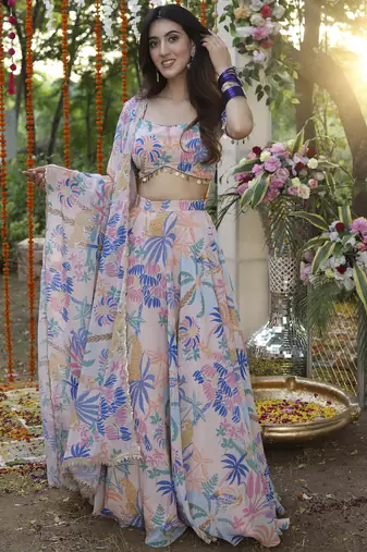 Floral Digital Print Baby Pink Embroadery Lace work Georgette Flaired Lehenga choli With Unstitch Blouse