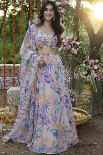 Floral Digital Print Baby Pink Embroadery Lace work Georgette Flaired Lehenga choli With Unstitch Blouse
