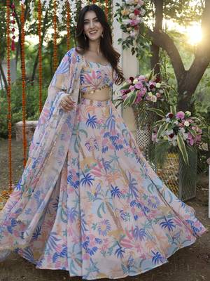 Floral Digital Print Baby Pink Embroadery Lace work Georgette Flaired Lehenga choli With Unstitch Blouse 4