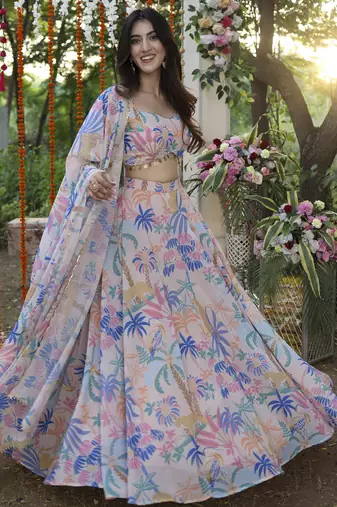 Floral Digital Print Baby Pink Embroadery Lace work Georgette Flaired Lehenga choli With Unstitch Blouse
