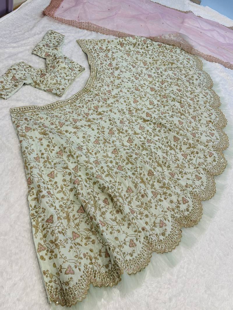 Pista Green Thread Work Silk Wedding Wear Lehenga Choli