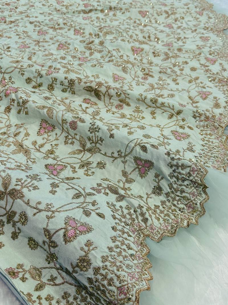 Pista Green Thread Work Silk Wedding Wear Lehenga Choli