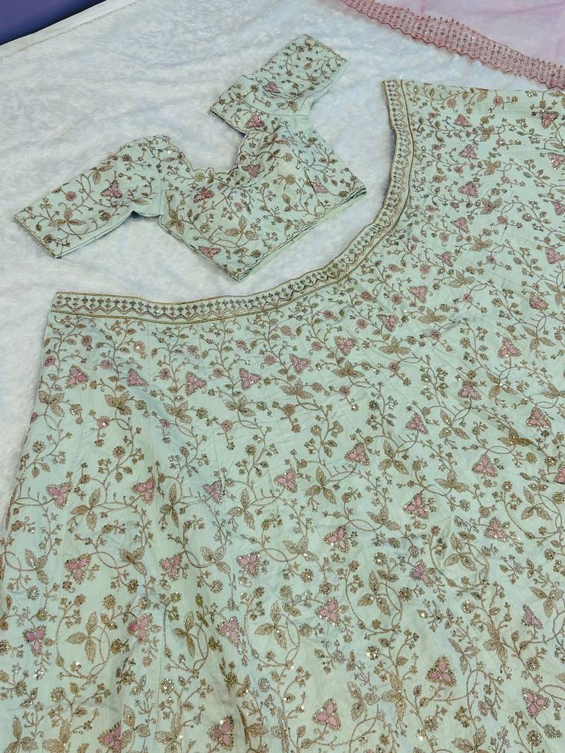 Pista Green Thread Work Silk Wedding Wear Lehenga Choli
