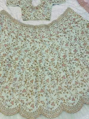 pista green thread work silk lehenga set choli with dupatta 9