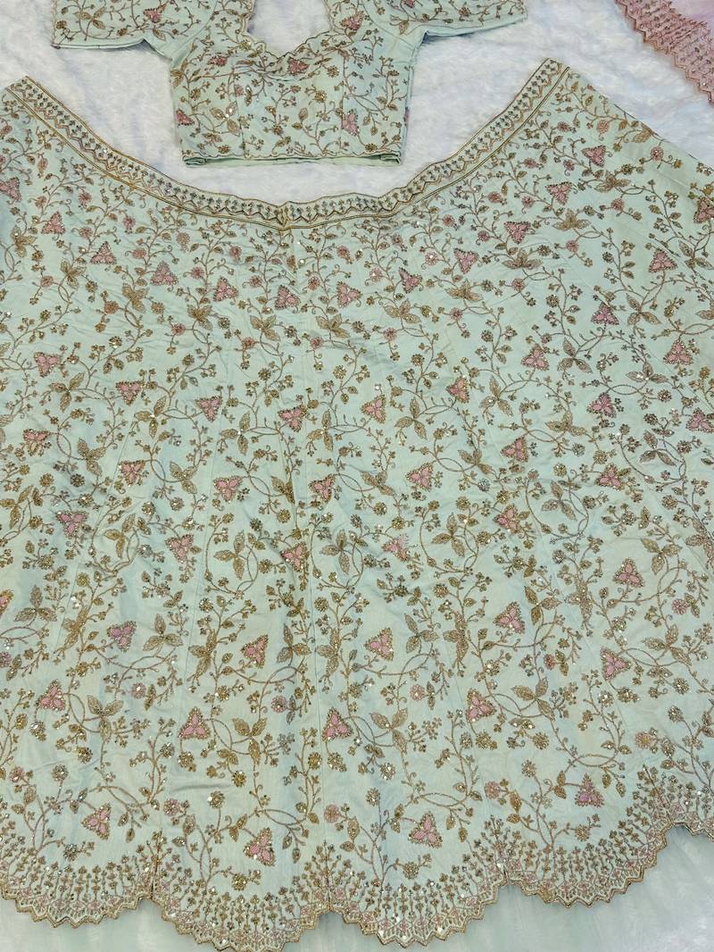 Pista Green Thread Work Silk Wedding Wear Lehenga Choli