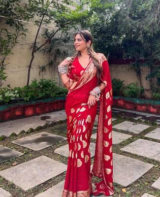 Red Viscose Georgette Golden Zari Jacquard Weaving Saree With Running Blouse 1