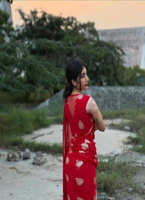 Red Viscose georgettete Golden Zari Jacquard Weaving Saree With Running Blouse 3