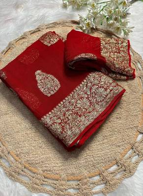 Red Viscose georgettete Golden Zari Jacquard Weaving Saree With Running Blouse 5