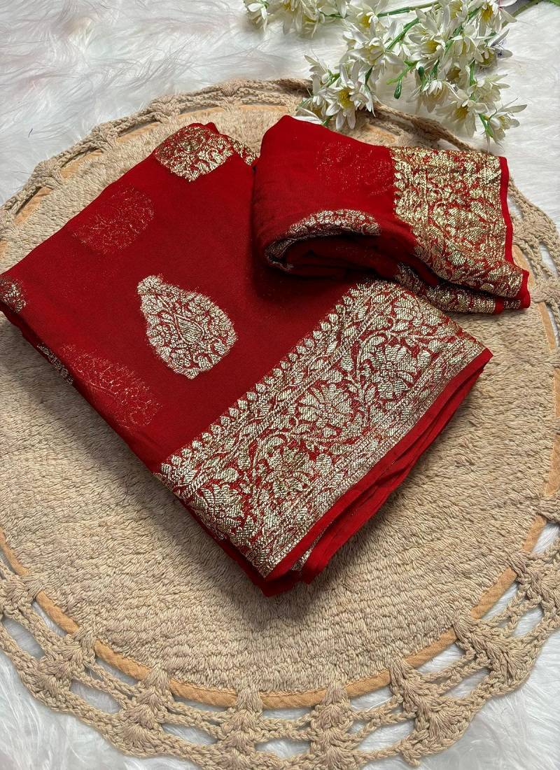 Red Viscose georgettete Golden Zari Jacquard Weaving Saree With Running Blouse