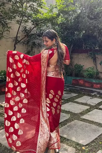 Red Viscose Georgette Golden Zari Jacquard Weaving Saree With Running Blouse