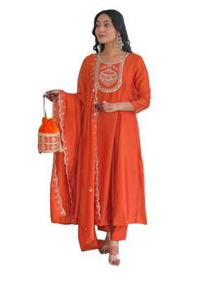 Women's Orange Embroidered Vichitra Silk Straight Kurta Pant and Dupatta Set 1