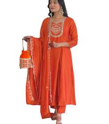 Women's Orange Embroidered Vichitra Silk Straight Kurta Pant and Dupatta Set