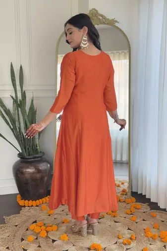 Women's Orange Embroidered Vichitra Silk Straight Kurta Pant and Dupatta Set