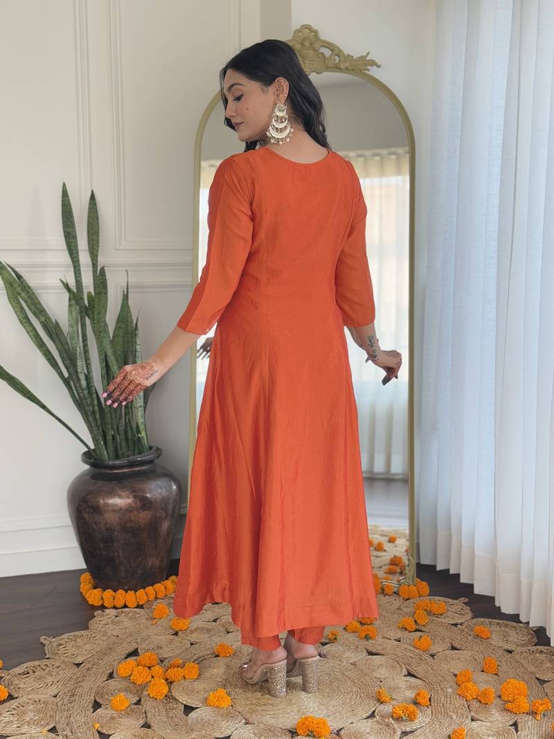 Women's Orange Embroidered Vichitra Silk Fabric Straight Kurta, Pant and Dupatta Set